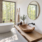 Hand Hewn Wooden Vessel Sink with Chipped Rugged Rim, Long Rectangular Solid Wood Bathroom Basin