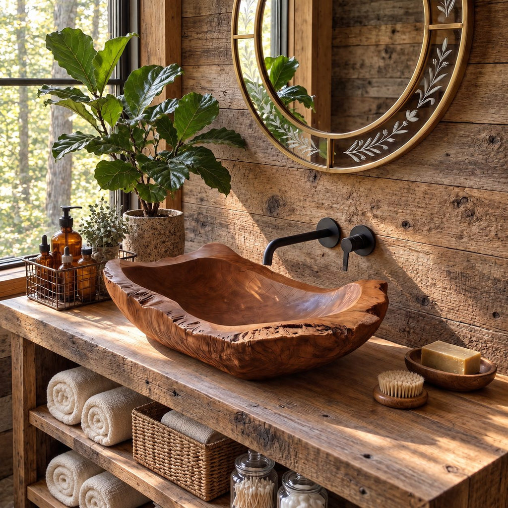 Hand Hewn Wooden Vessel Sink with Chipped Rugged Rim, Long Rectangular Solid Wood Bathroom Basin