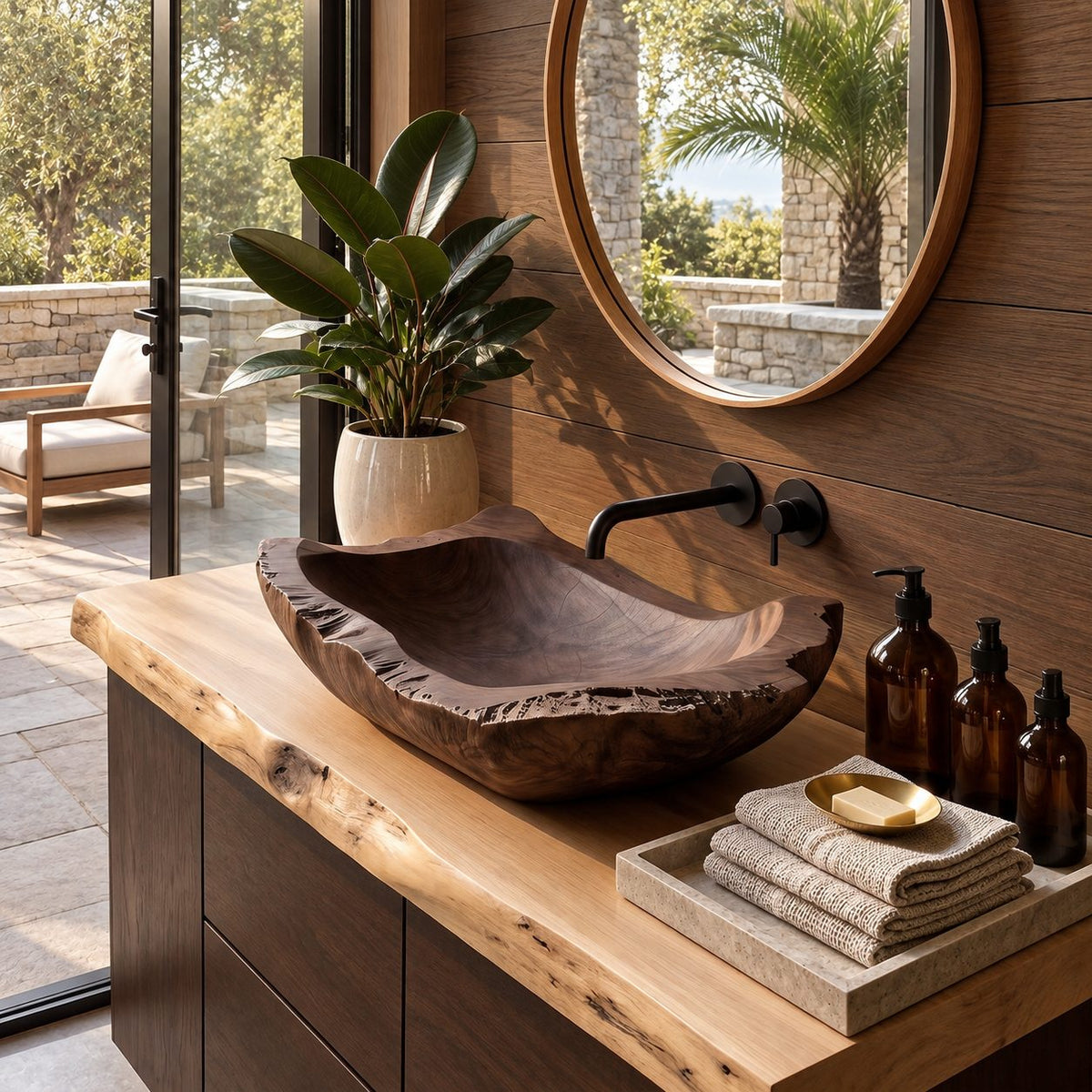 Hand Hewn Wooden Vessel Sink with Chipped Rugged Rim, Long Rectangular Solid Wood Bathroom Basin