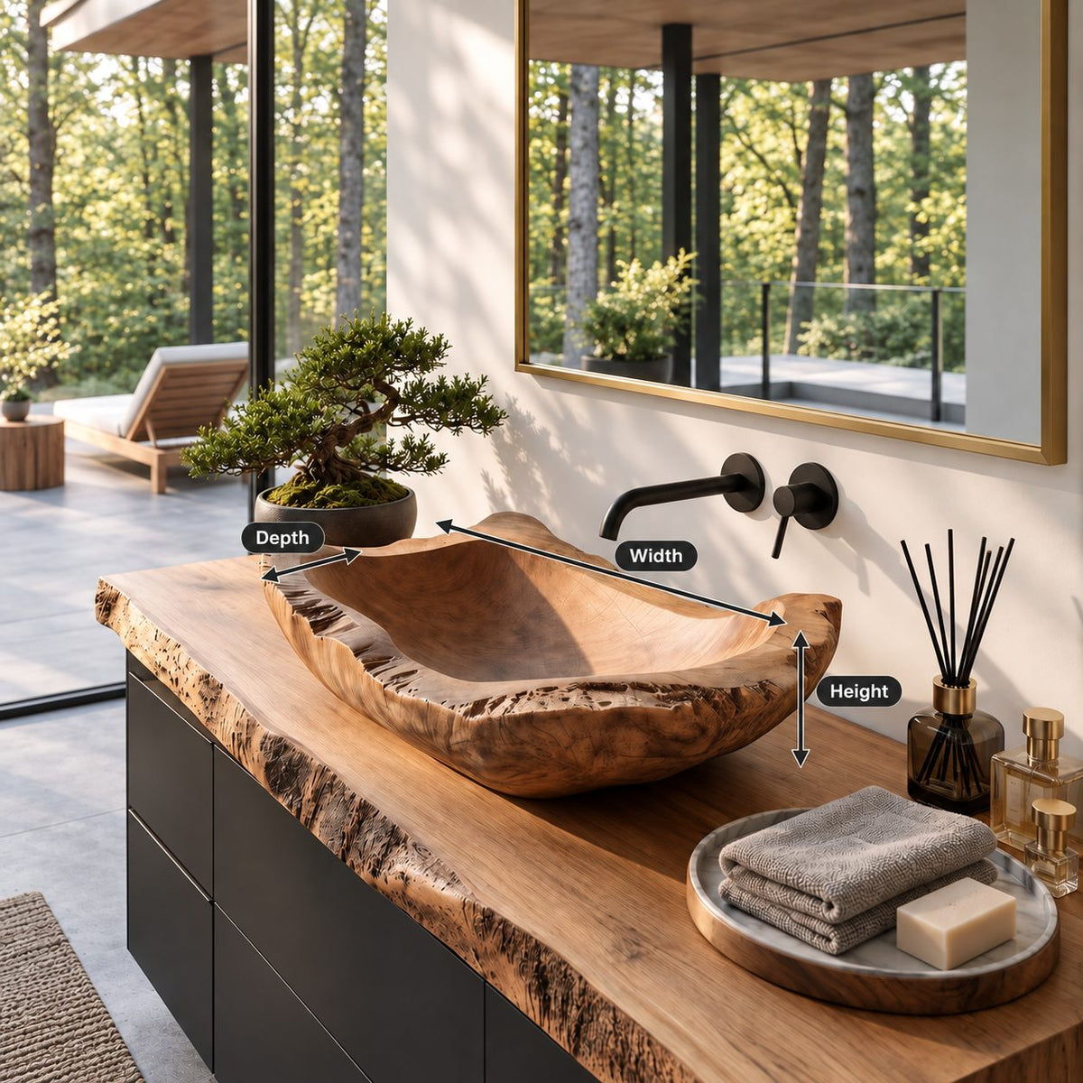 Hand Hewn Wooden Vessel Sink with Chipped Rugged Rim, Long Rectangular Solid Wood Bathroom Basin