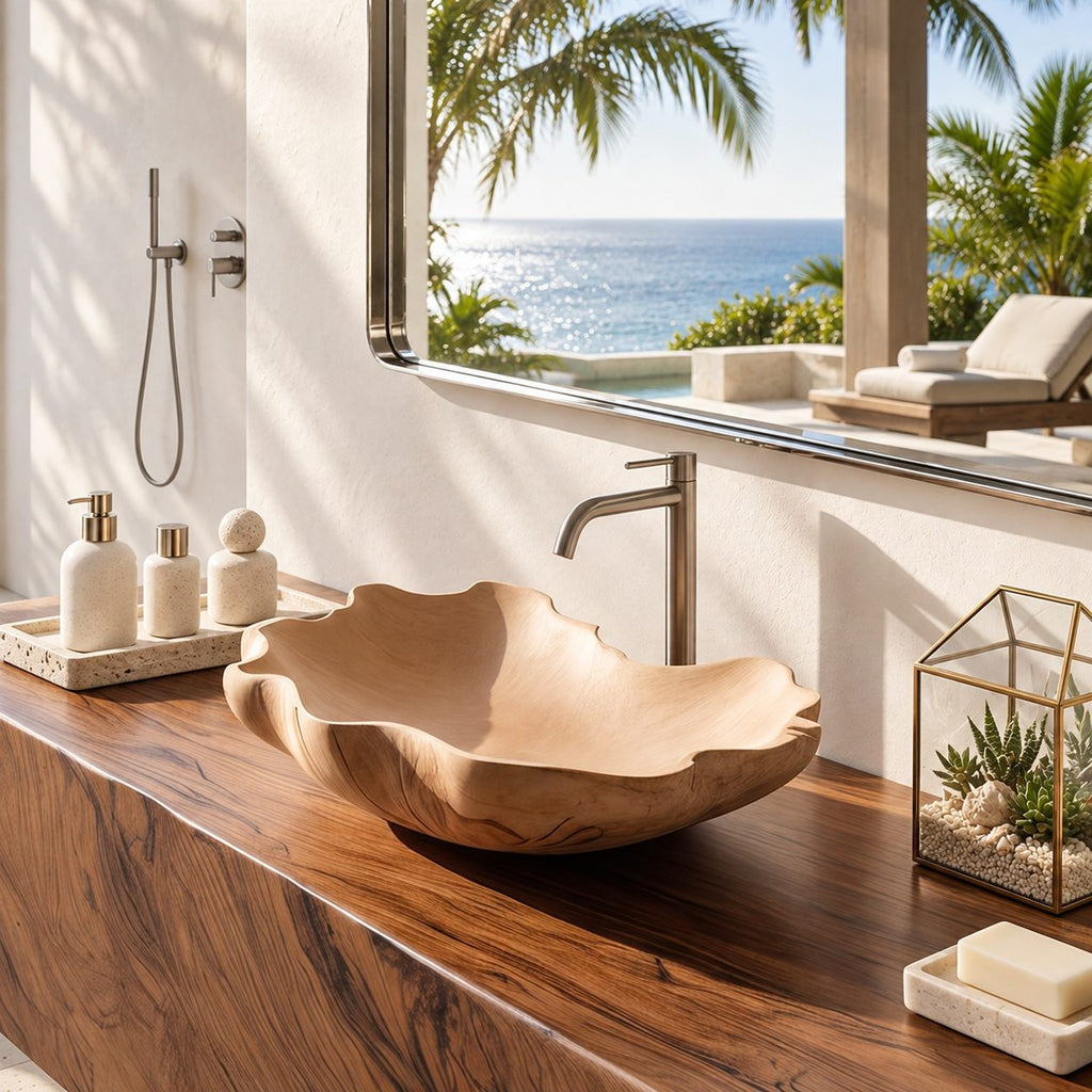 Scalloped Petal Rim Wooden Vessel Sink, Smooth Flower Shaped Solid Wood Bathroom Basin Bowl