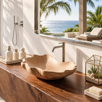 Scalloped Petal Rim Wooden Vessel Sink, Smooth Flower Shaped Solid Wood Bathroom Basin Bowl