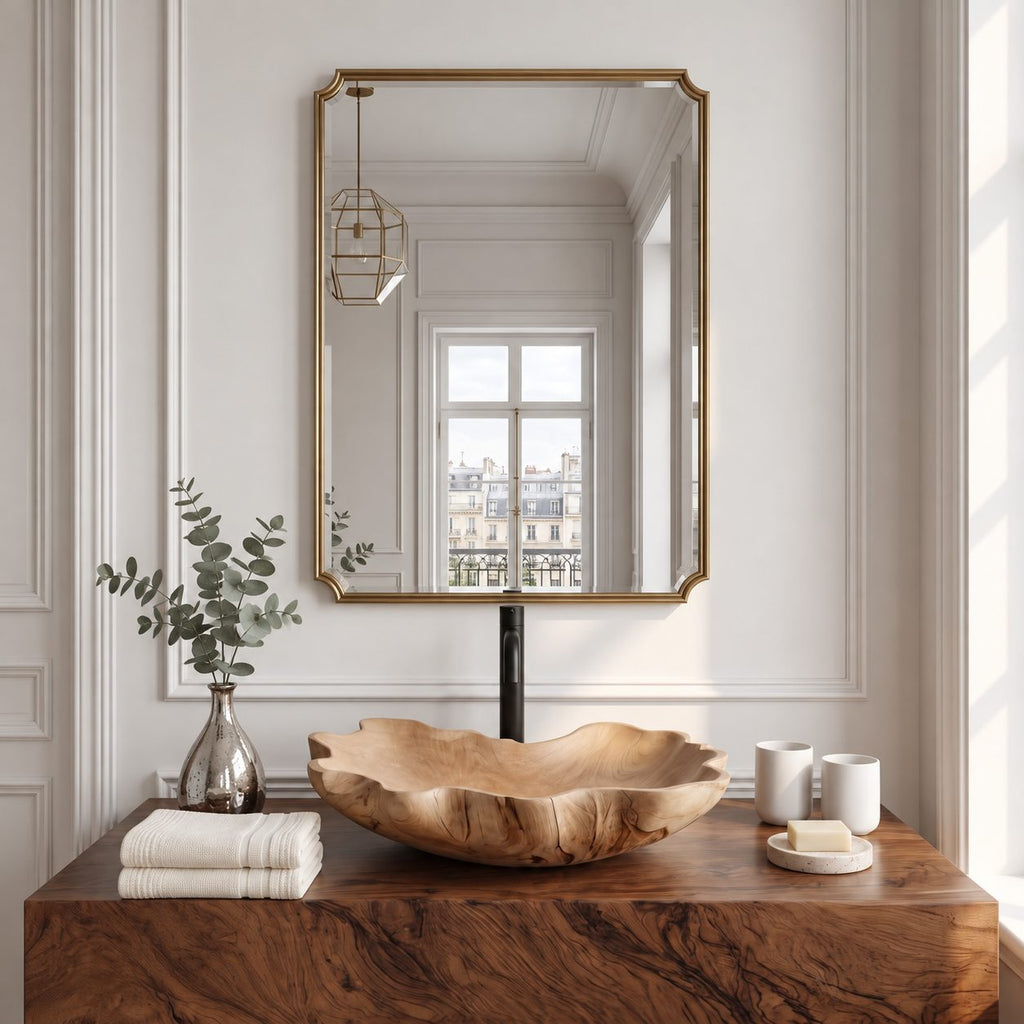 Scalloped Petal Rim Wooden Vessel Sink, Smooth Flower Shaped Solid Wood Bathroom Basin Bowl