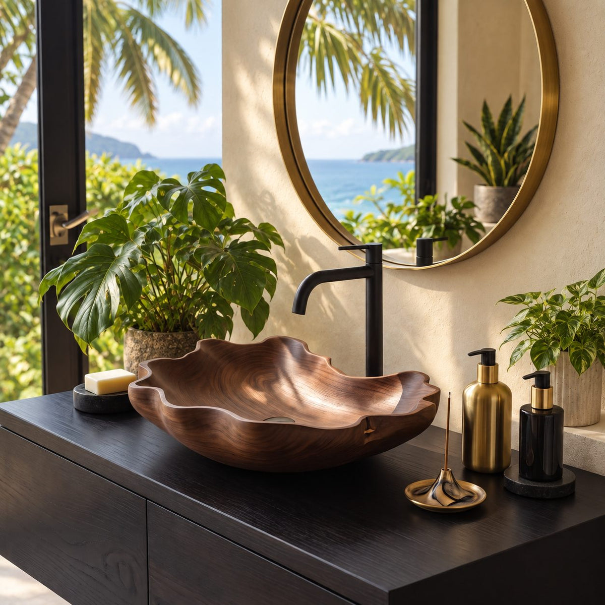 Scalloped Petal Rim Wooden Vessel Sink, Smooth Flower Shaped Solid Wood Bathroom Basin Bowl