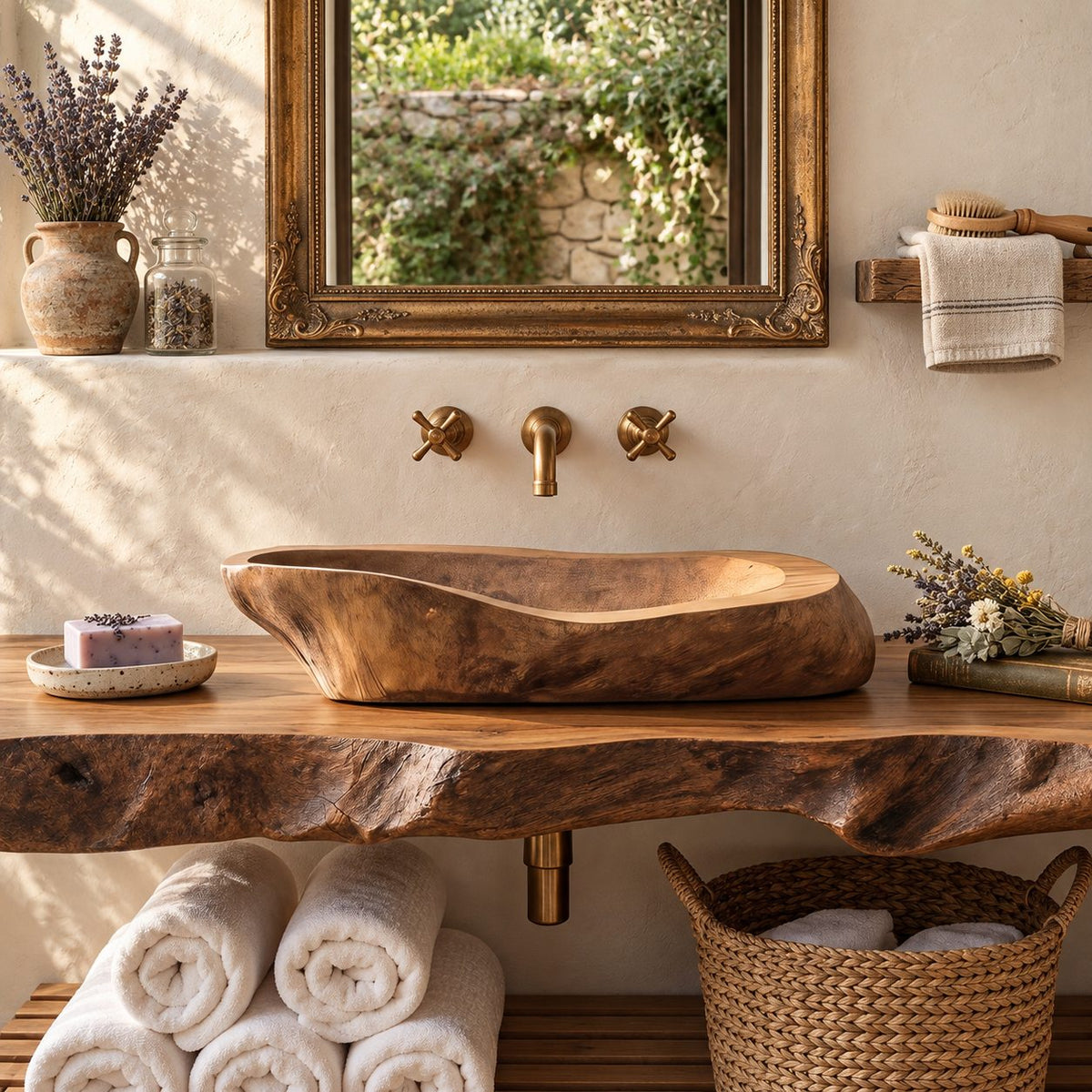 Log Style Wooden Vessel Sink, Thick Oval Basin with Hand Hewn Exterior, Solid Wood Bathroom Bowl