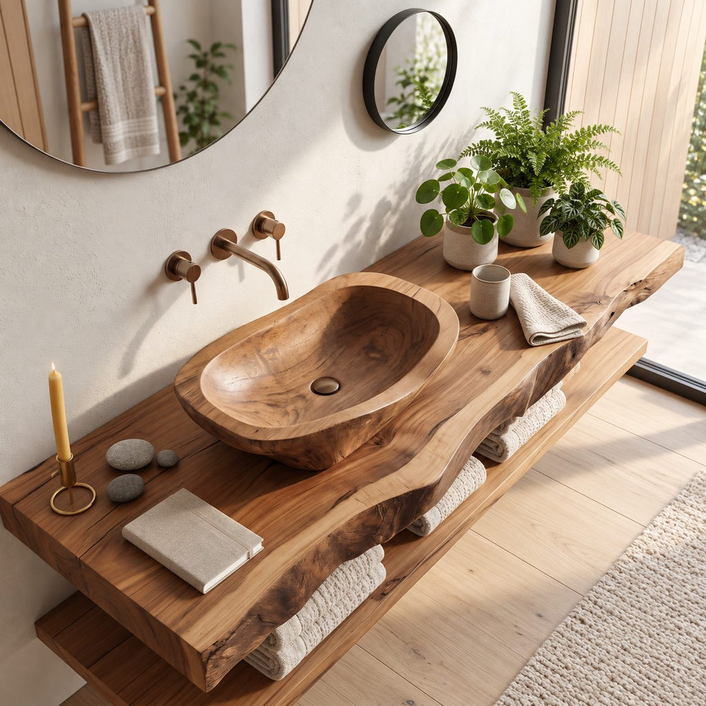 Log Style Wooden Vessel Sink, Thick Oval Basin with Hand Hewn Exterior, Solid Wood Bathroom Bowl