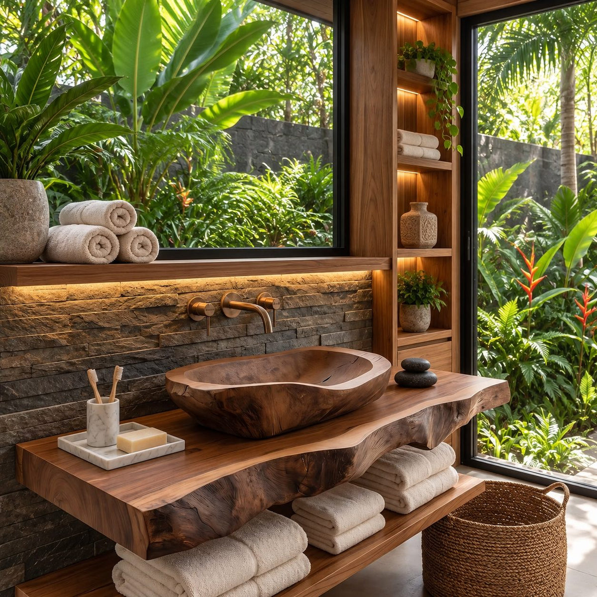 Log Style Wooden Vessel Sink, Thick Oval Basin with Hand Hewn Exterior, Solid Wood Bathroom Bowl