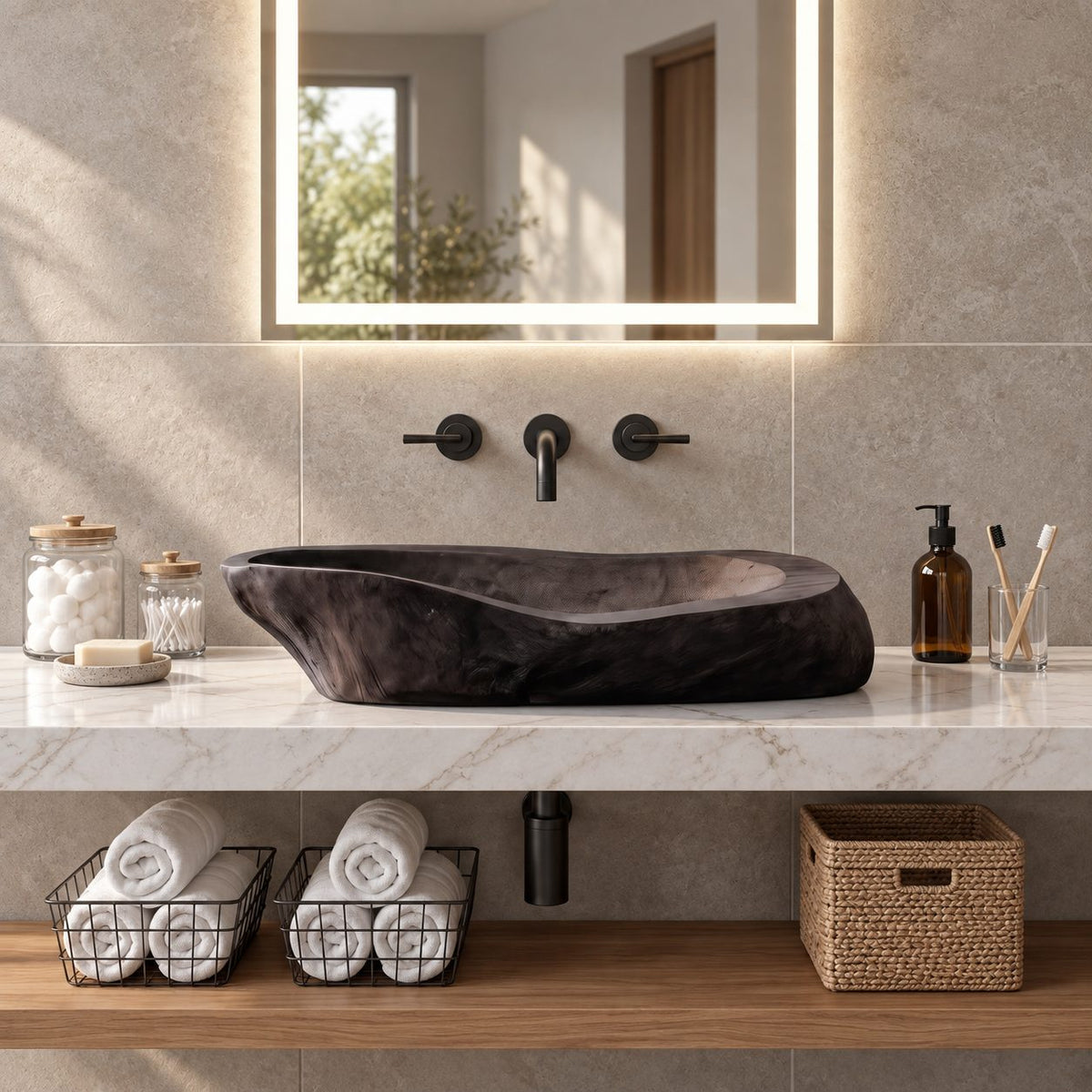 Log Style Wooden Vessel Sink, Thick Oval Basin with Hand Hewn Exterior, Solid Wood Bathroom Bowl