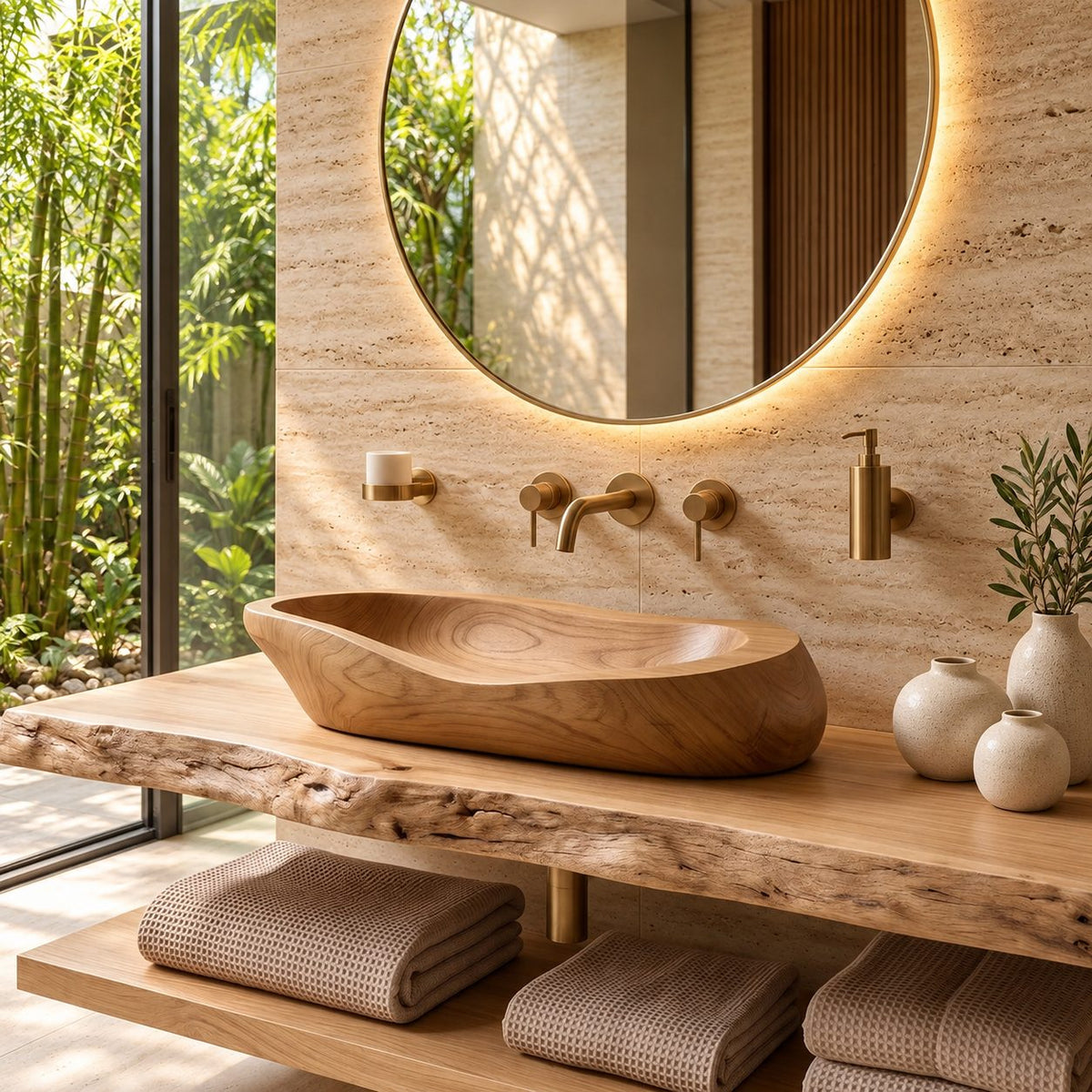 Log Style Wooden Vessel Sink, Thick Oval Basin with Hand Hewn Exterior, Solid Wood Bathroom Bowl