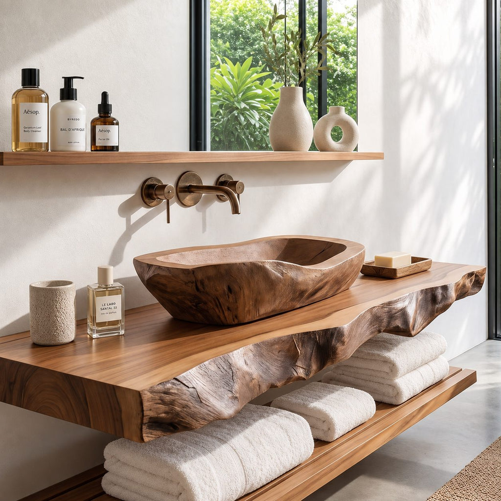 Log Style Wooden Vessel Sink, Thick Oval Basin with Hand Hewn Exterior, Solid Wood Bathroom Bowl