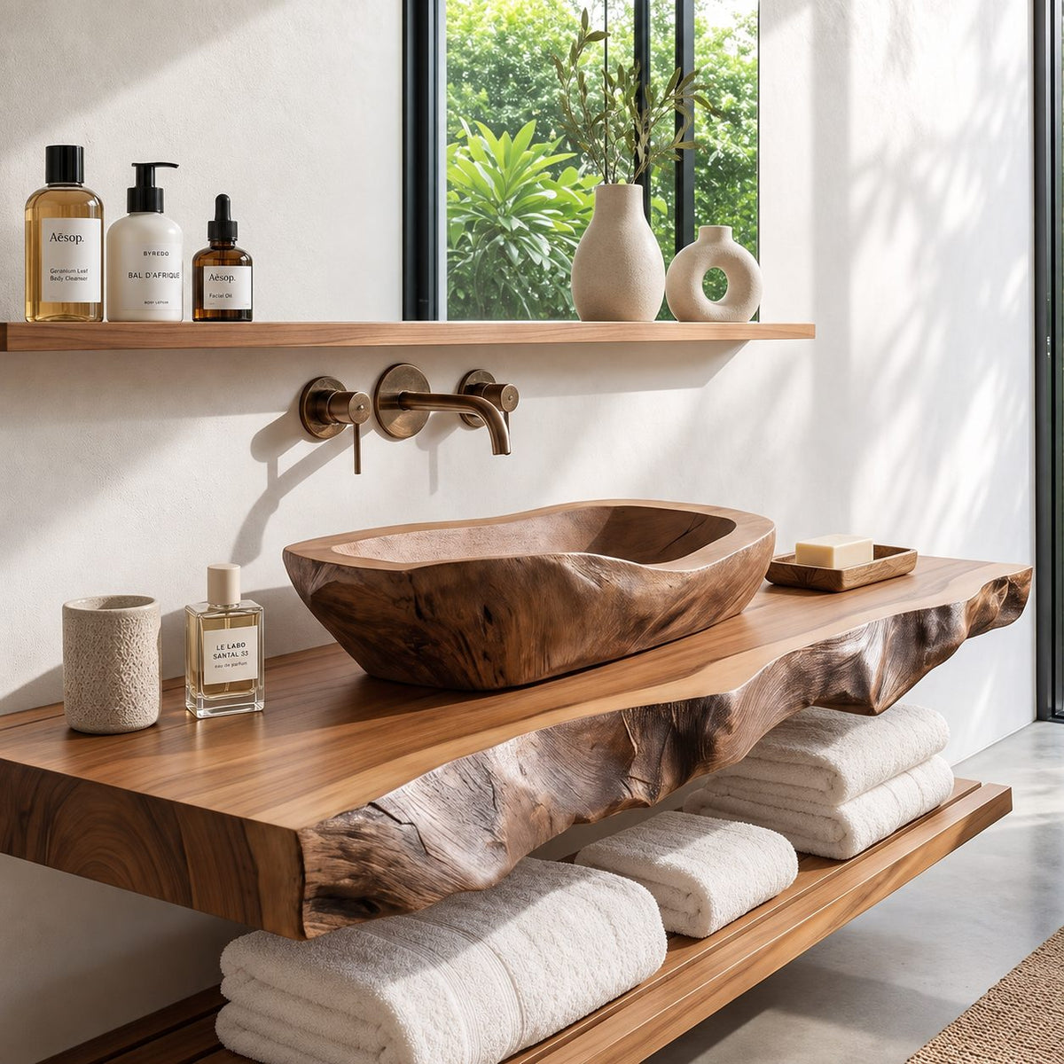 Log Style Wooden Vessel Sink, Thick Oval Basin with Hand Hewn Exterior, Solid Wood Bathroom Bowl