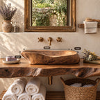 Log Style Wooden Vessel Sink, Thick Oval Basin with Hand Hewn Exterior, Solid Wood Bathroom Bowl