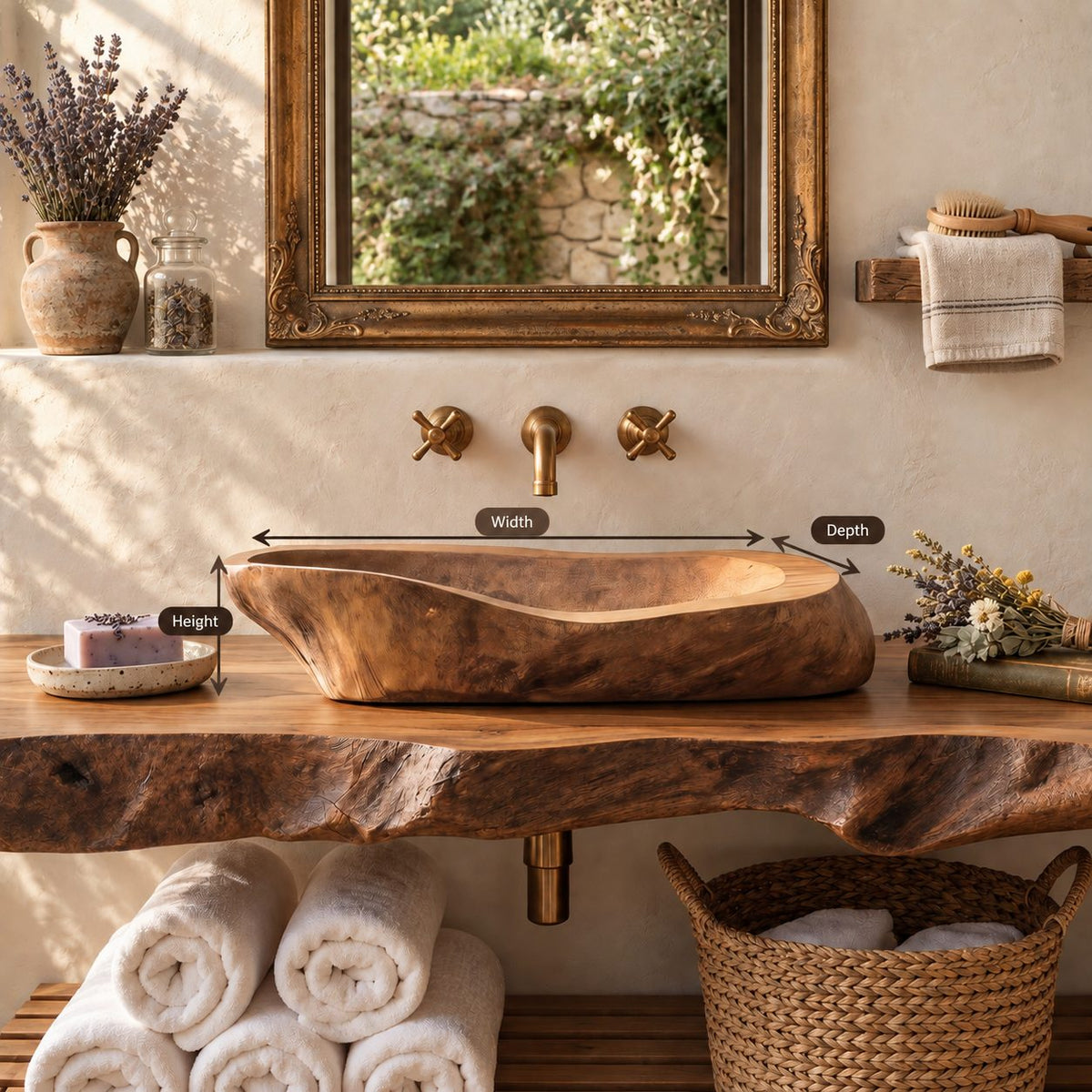 Log Style Wooden Vessel Sink, Thick Oval Basin with Hand Hewn Exterior, Solid Wood Bathroom Bowl