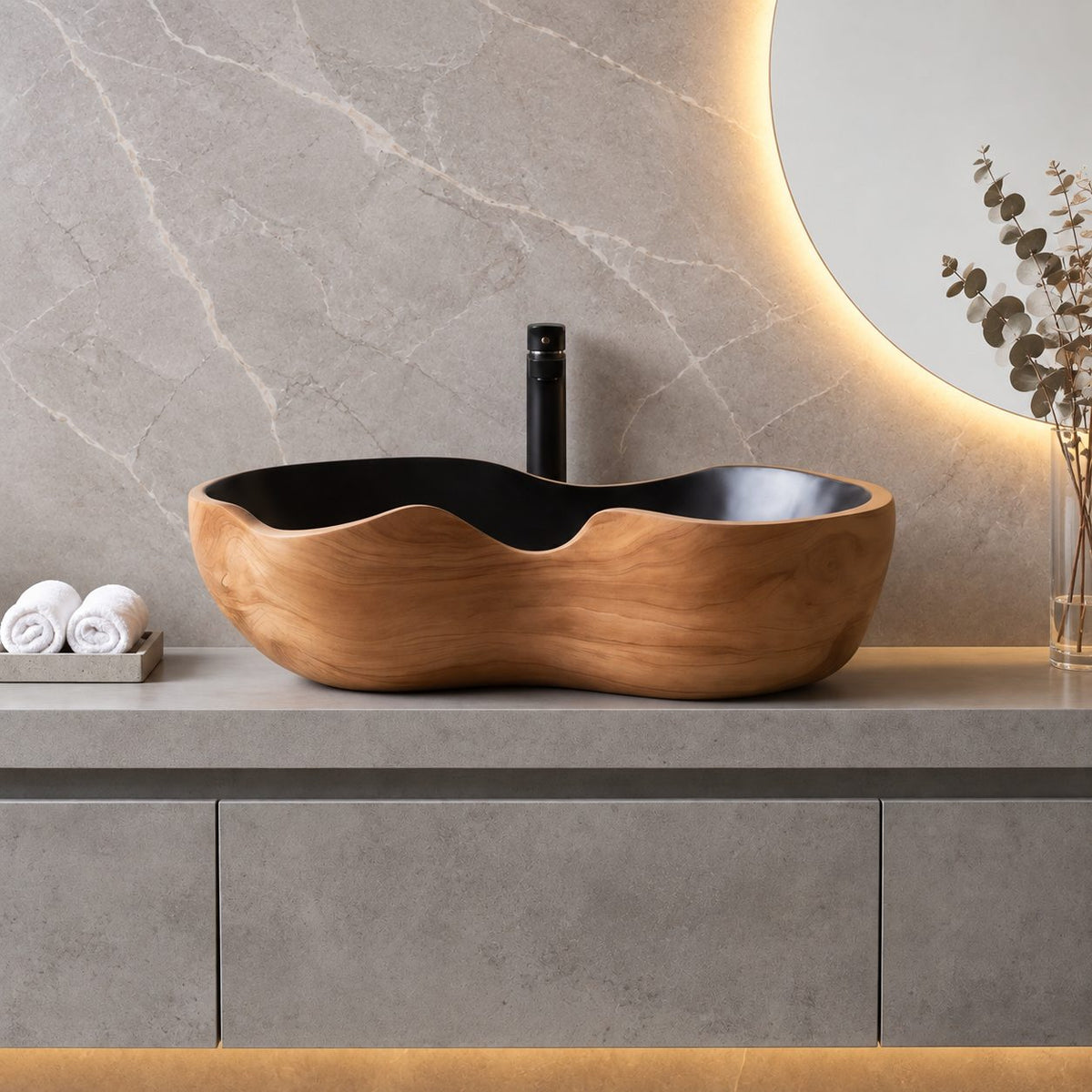 Kidney Shaped Wooden Vessel Sink with Smooth Curved Sides and Sealed Interior, Solid Wood Basin