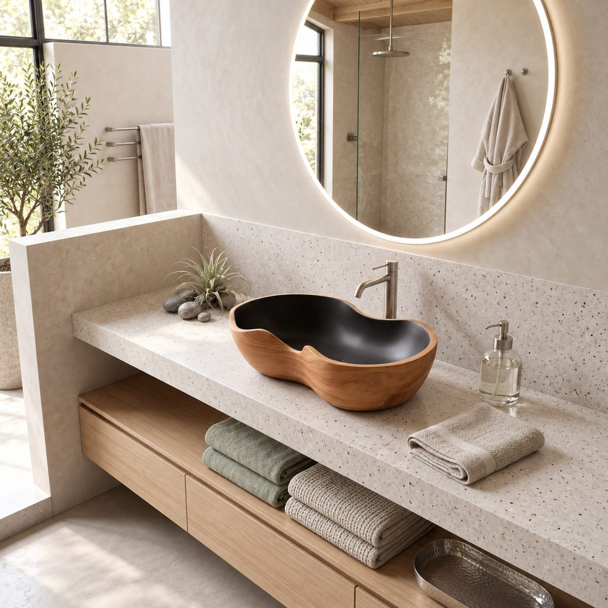 Kidney Shaped Wooden Vessel Sink with Smooth Curved Sides and Sealed Interior, Solid Wood Basin