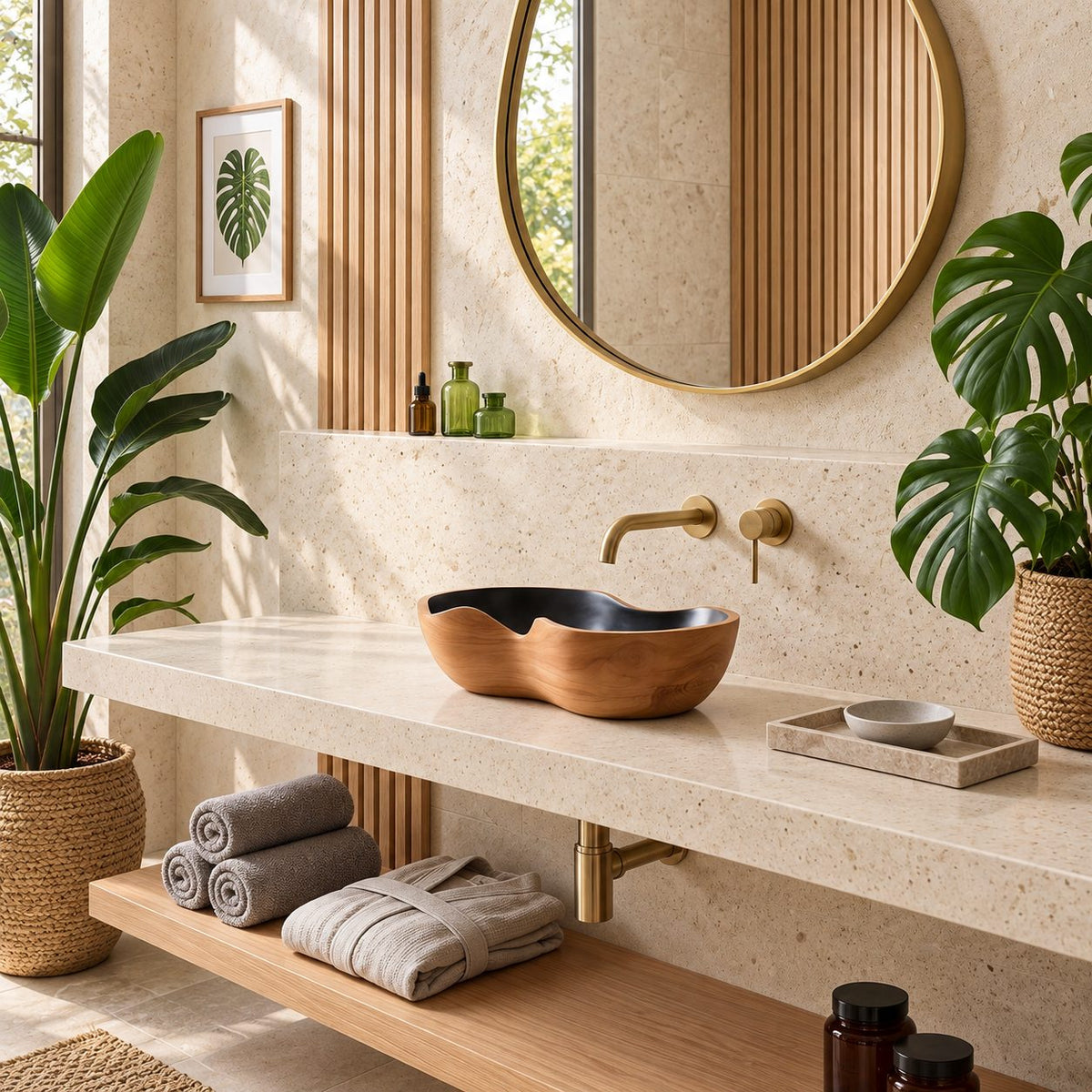 Kidney Shaped Wooden Vessel Sink with Smooth Curved Sides and Sealed Interior, Solid Wood Basin