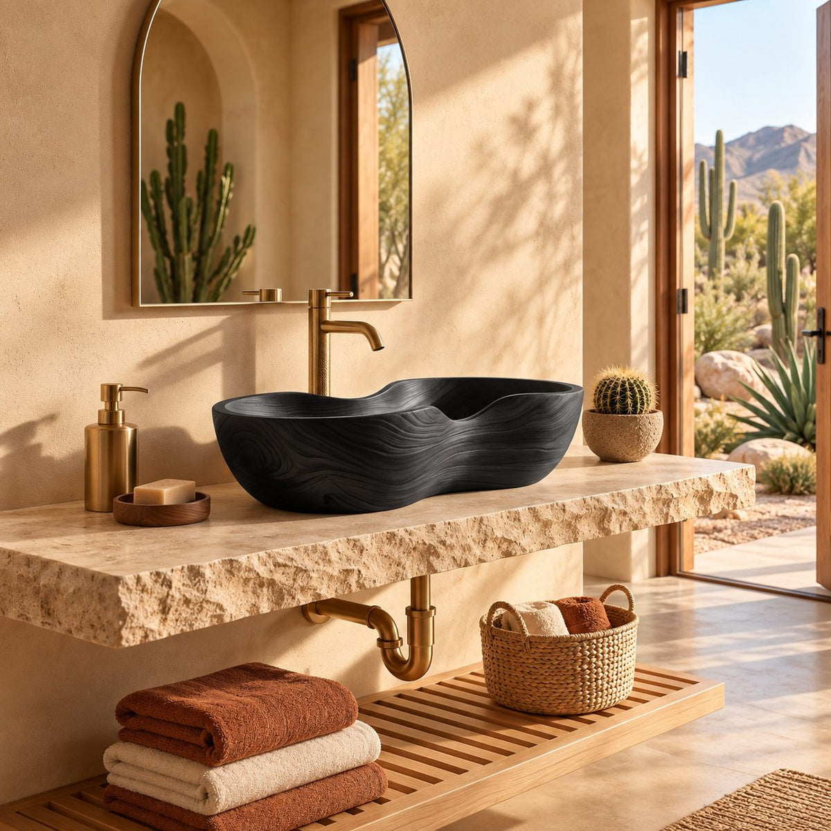 Kidney Shaped Wooden Vessel Sink with Smooth Curved Sides and Sealed Interior, Solid Wood Basin