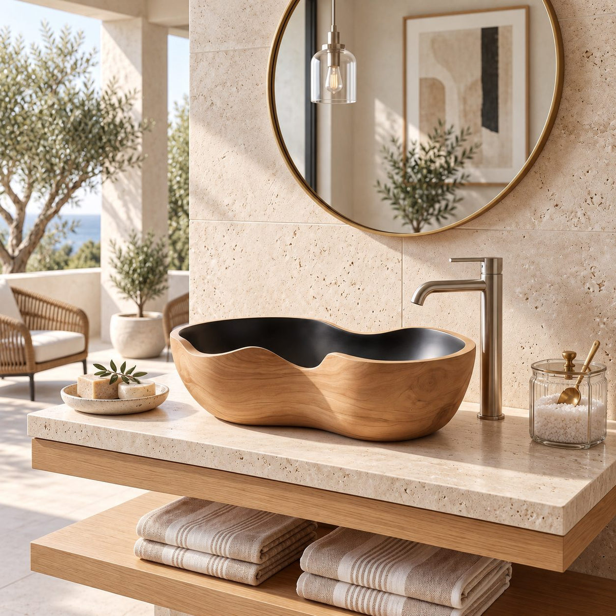 Kidney Shaped Wooden Vessel Sink with Smooth Curved Sides and Sealed Interior, Solid Wood Basin