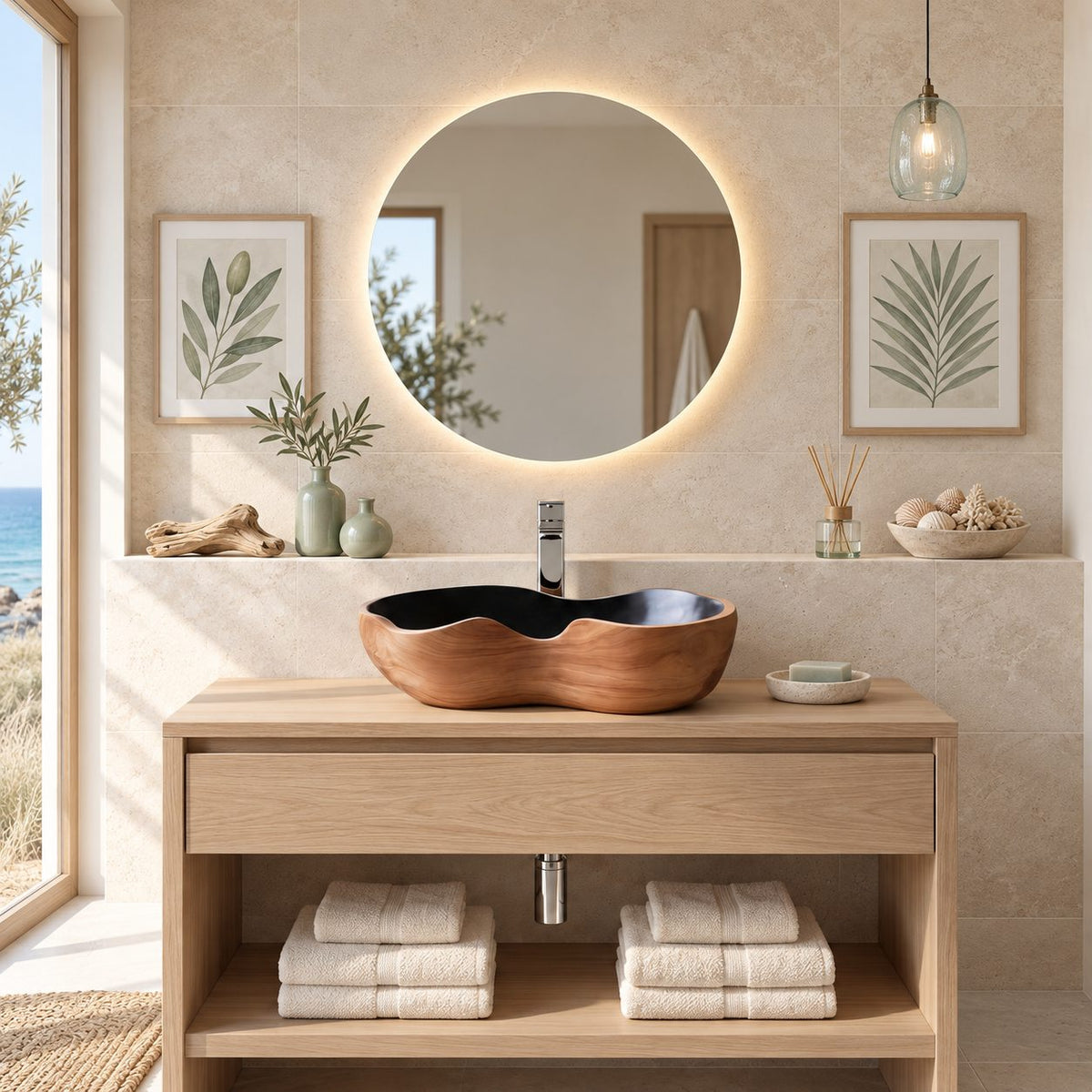 Kidney Shaped Wooden Vessel Sink with Smooth Curved Sides and Sealed Interior, Solid Wood Basin