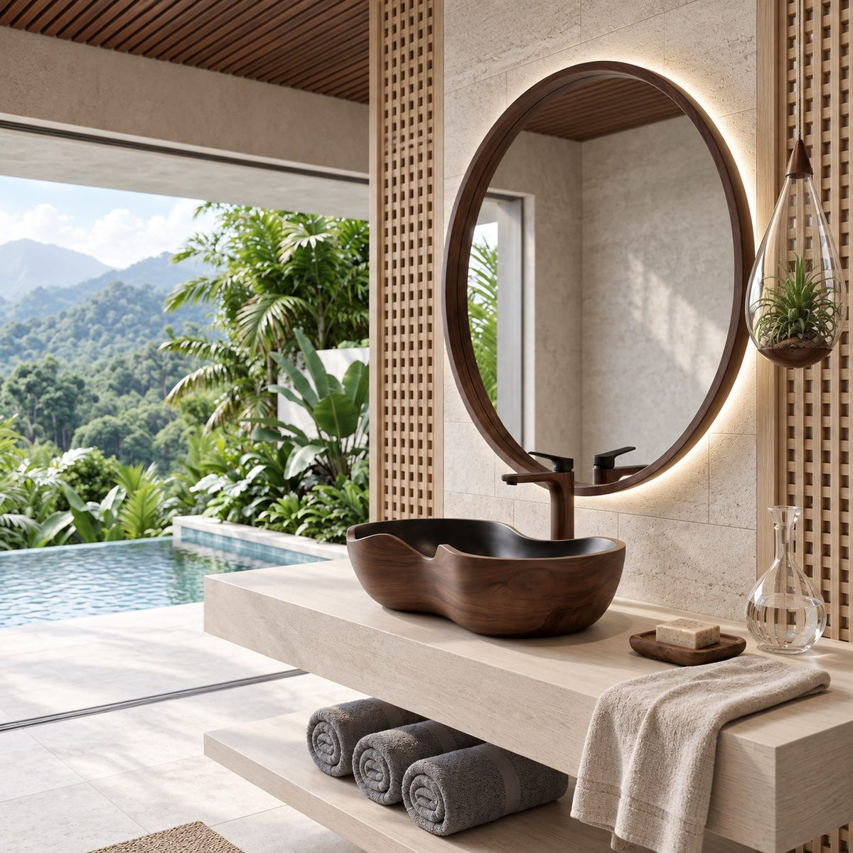 Kidney Shaped Wooden Vessel Sink with Smooth Curved Sides and Sealed Interior, Solid Wood Basin