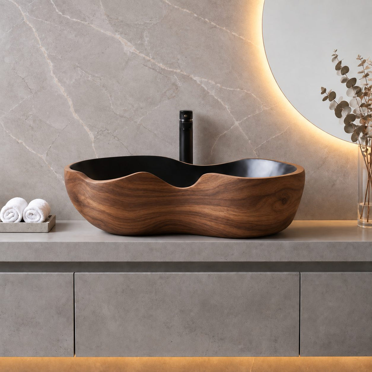 Kidney Shaped Wooden Vessel Sink with Smooth Curved Sides and Sealed Interior, Solid Wood Basin