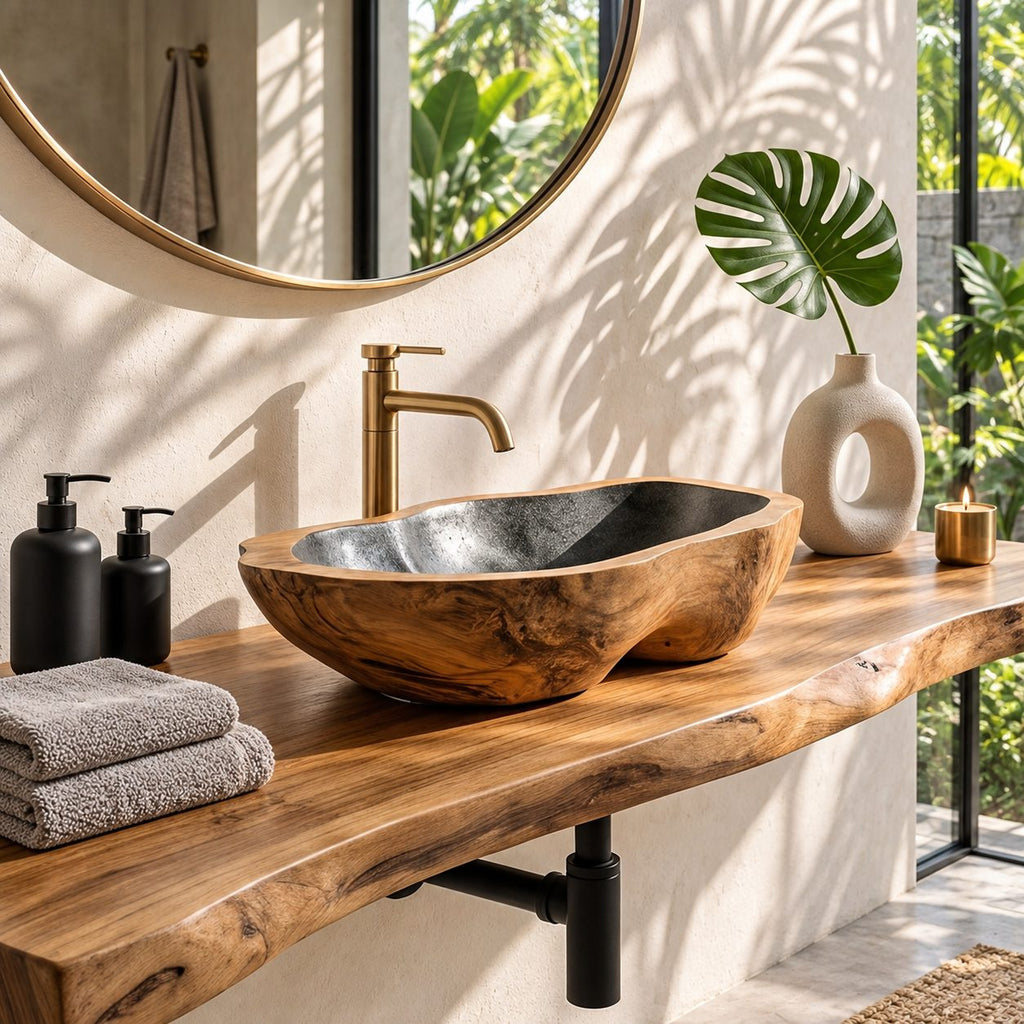 Burl Knot Wooden Vessel Sink, Rounded Freeform Basin with Sealed Interior, Solid Wood Bathroom Bowl