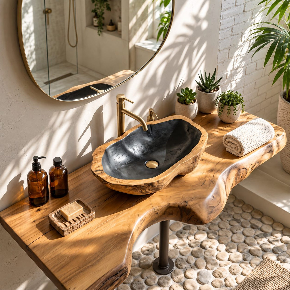 Burl Knot Wooden Vessel Sink, Rounded Freeform Basin with Sealed Interior, Solid Wood Bathroom Bowl