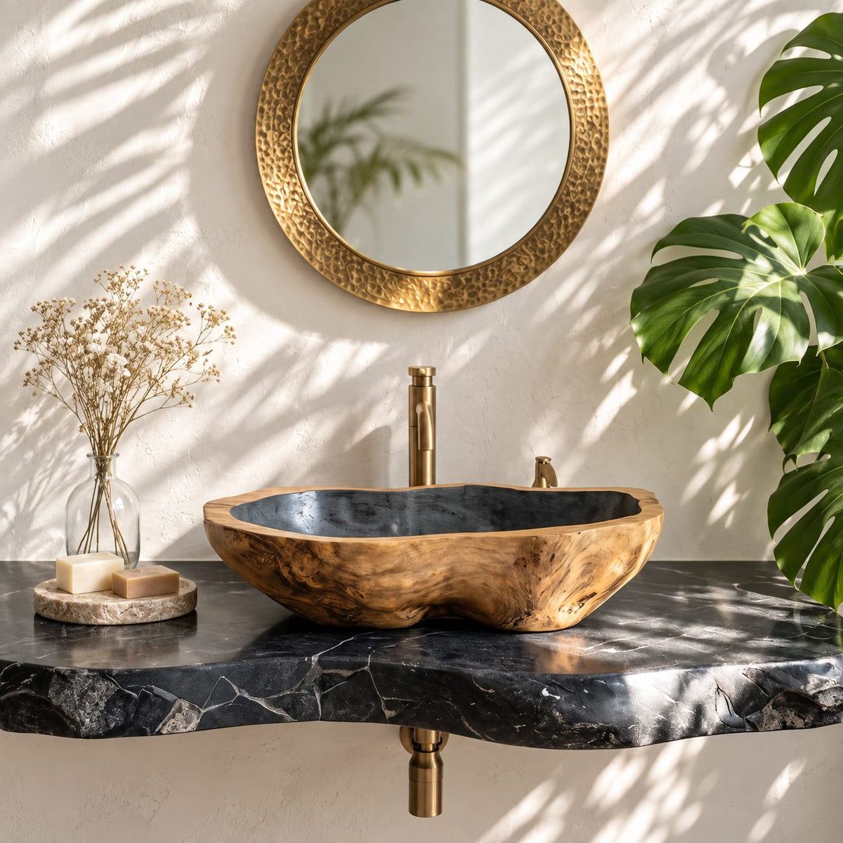 Burl Knot Wooden Vessel Sink, Rounded Freeform Basin with Sealed Interior, Solid Wood Bathroom Bowl