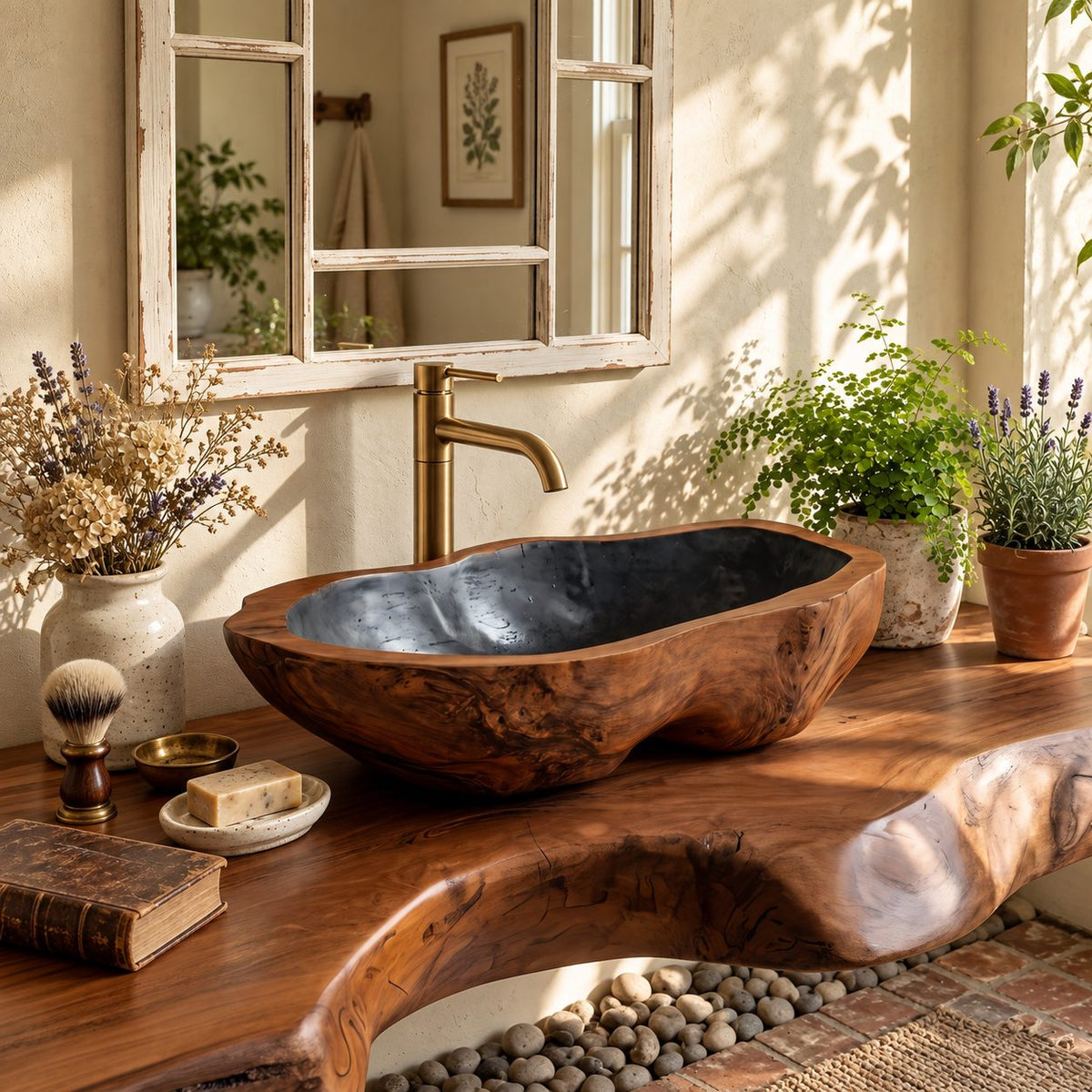 Burl Knot Wooden Vessel Sink, Rounded Freeform Basin with Sealed Interior, Solid Wood Bathroom Bowl