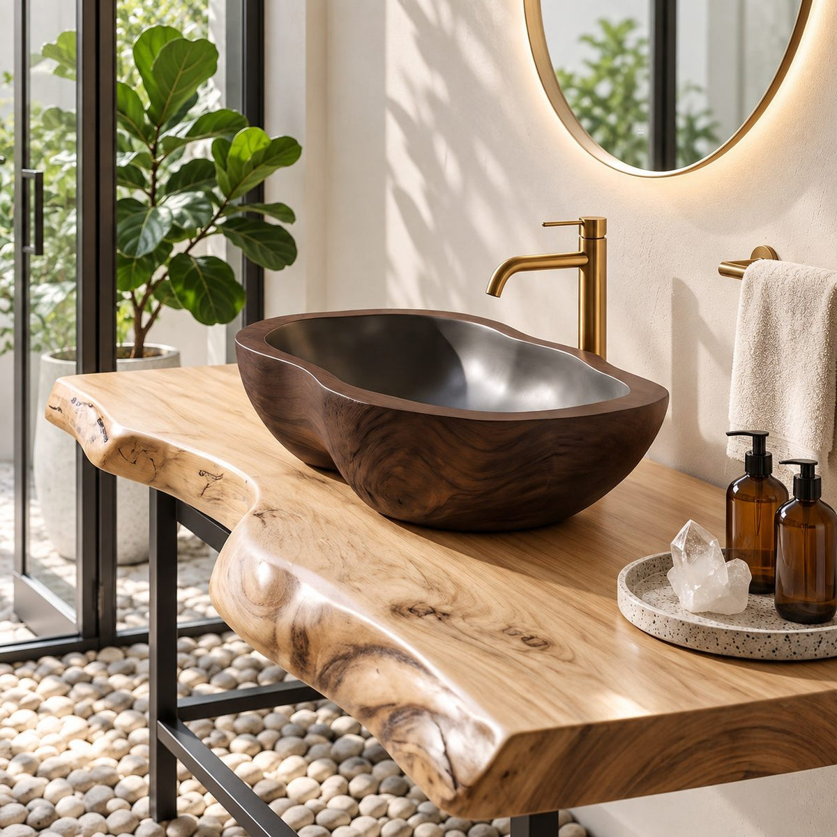 Burl Knot Wooden Vessel Sink, Rounded Freeform Basin with Sealed Interior, Solid Wood Bathroom Bowl