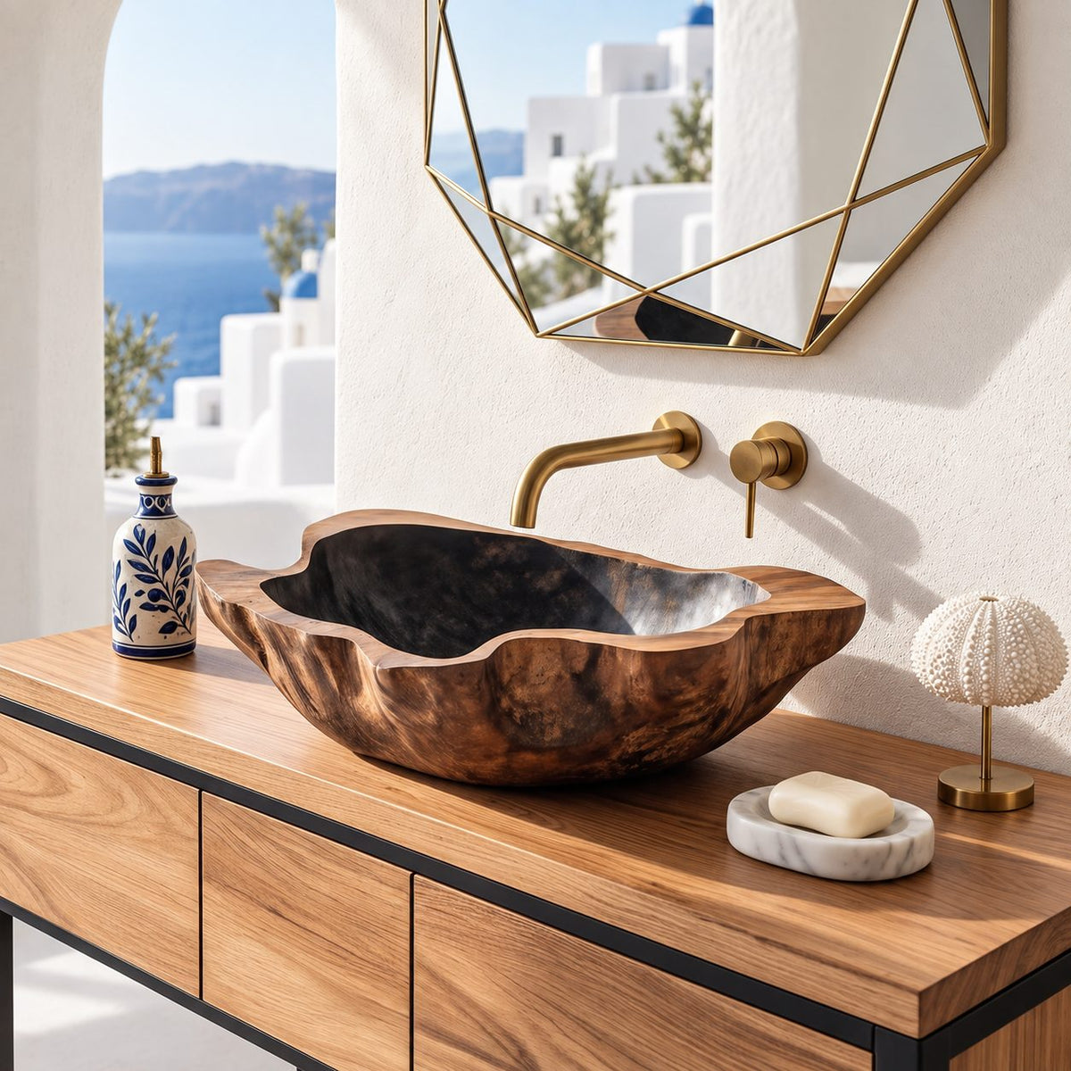 Cloud Edge Wooden Vessel Sink with Deep Wavy Rim and Sealed Interior, Carved Solid Wood Basin Bowl