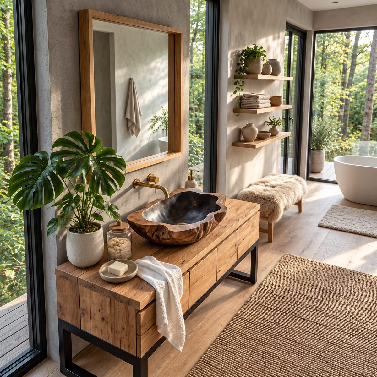 Cloud Edge Wooden Vessel Sink with Deep Wavy Rim and Sealed Interior, Carved Solid Wood Basin Bowl