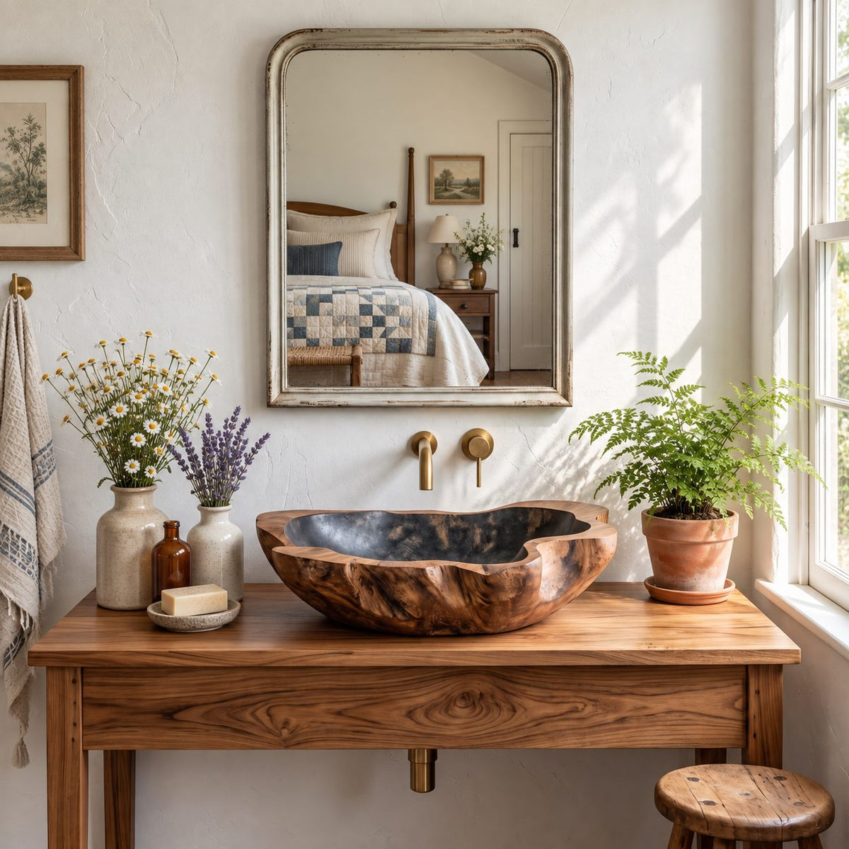 Cloud Edge Wooden Vessel Sink with Deep Wavy Rim and Sealed Interior, Carved Solid Wood Basin Bowl
