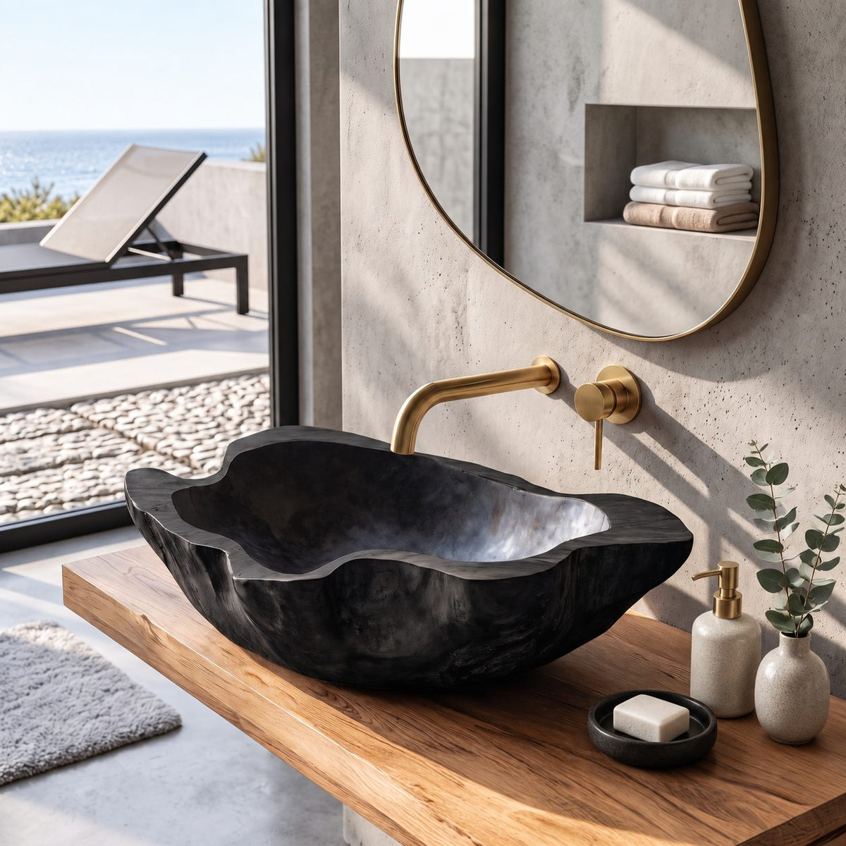 Cloud Edge Wooden Vessel Sink with Deep Wavy Rim and Sealed Interior, Carved Solid Wood Basin Bowl