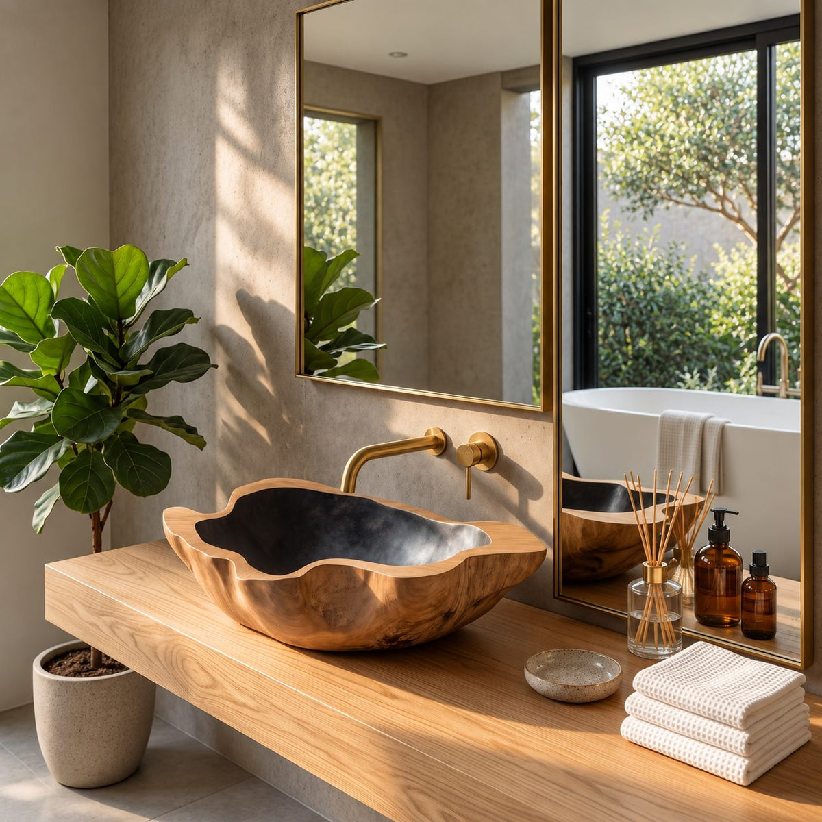 Cloud Edge Wooden Vessel Sink with Deep Wavy Rim and Sealed Interior, Carved Solid Wood Basin Bowl