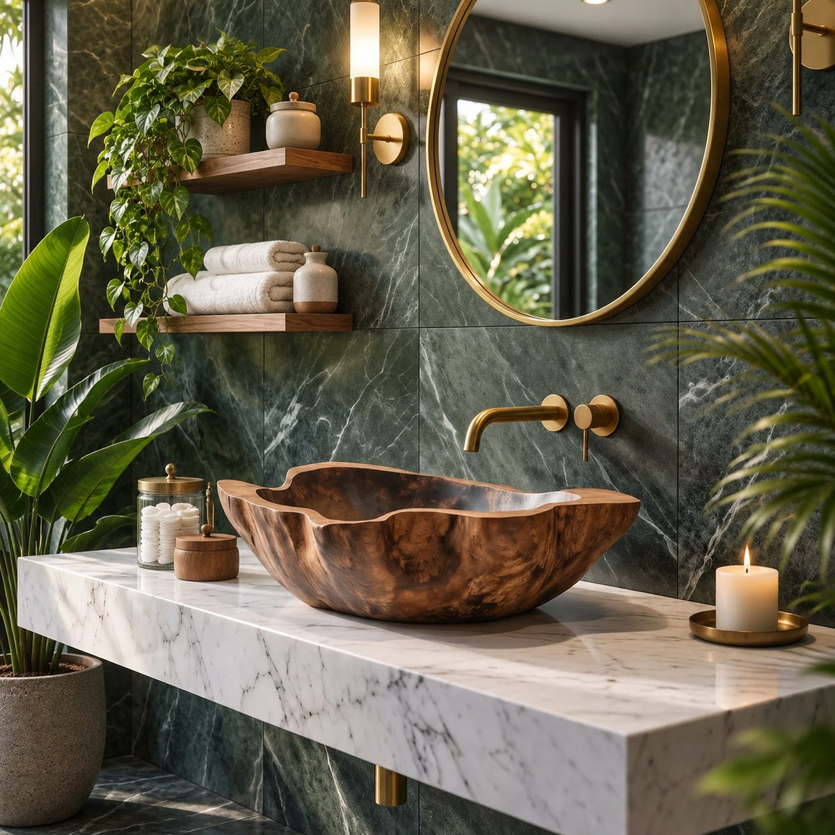 Cloud Edge Wooden Vessel Sink with Deep Wavy Rim and Sealed Interior, Carved Solid Wood Basin Bowl