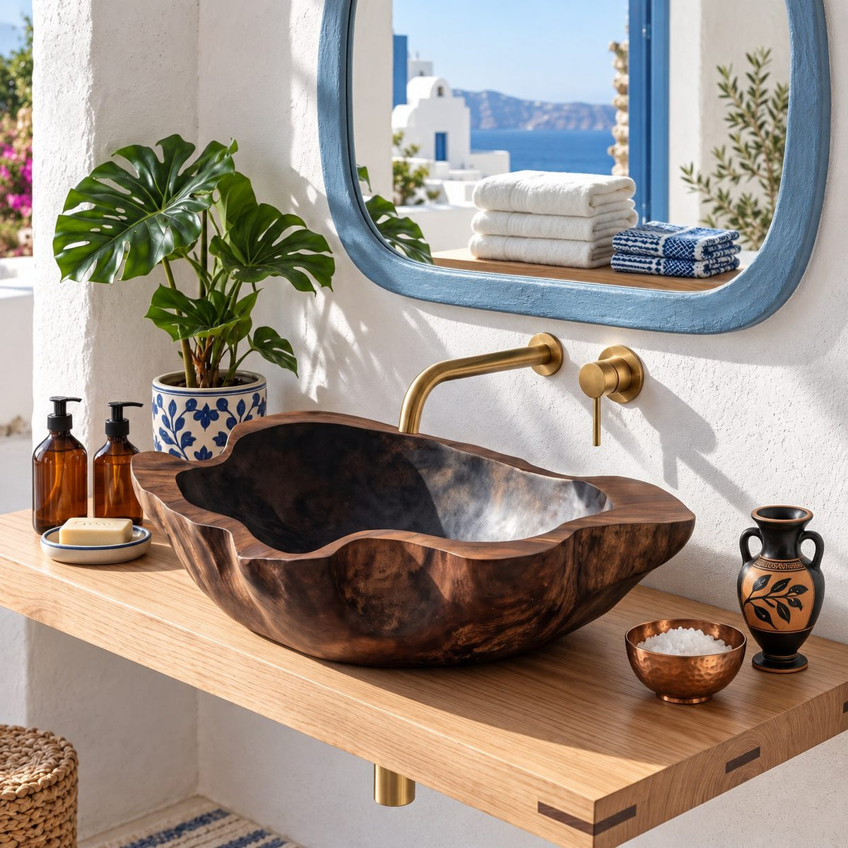 Cloud Edge Wooden Vessel Sink with Deep Wavy Rim and Sealed Interior, Carved Solid Wood Basin Bowl