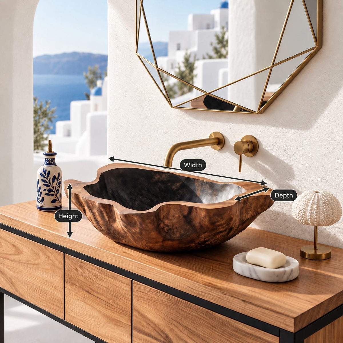 Cloud Edge Wooden Vessel Sink with Deep Wavy Rim and Sealed Interior, Carved Solid Wood Basin Bowl