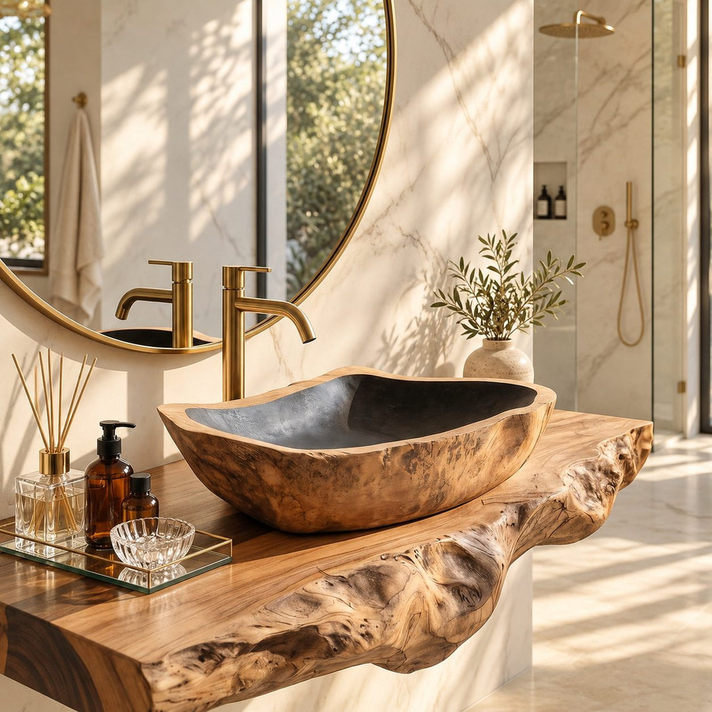 Tapered Rectangle Wooden Vessel Sink with Burl Grain Sides and Sealed Interior, Solid Wood Basin