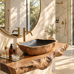 Tapered Rectangle Wooden Vessel Sink with Burl Grain Sides and Sealed Interior, Solid Wood Basin