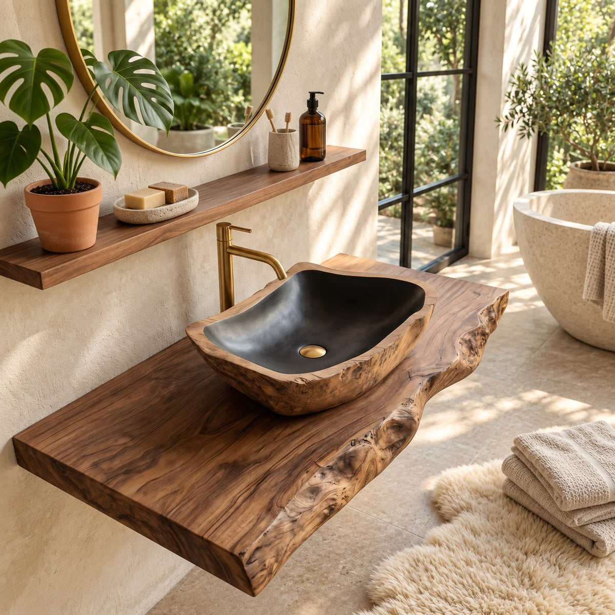 Tapered Rectangle Wooden Vessel Sink with Burl Grain Sides and Sealed Interior, Solid Wood Basin