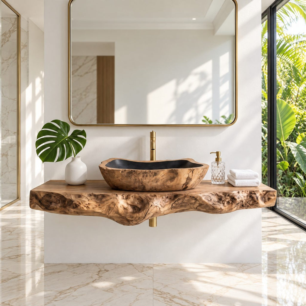 Tapered Rectangle Wooden Vessel Sink with Burl Grain Sides and Sealed Interior, Solid Wood Basin
