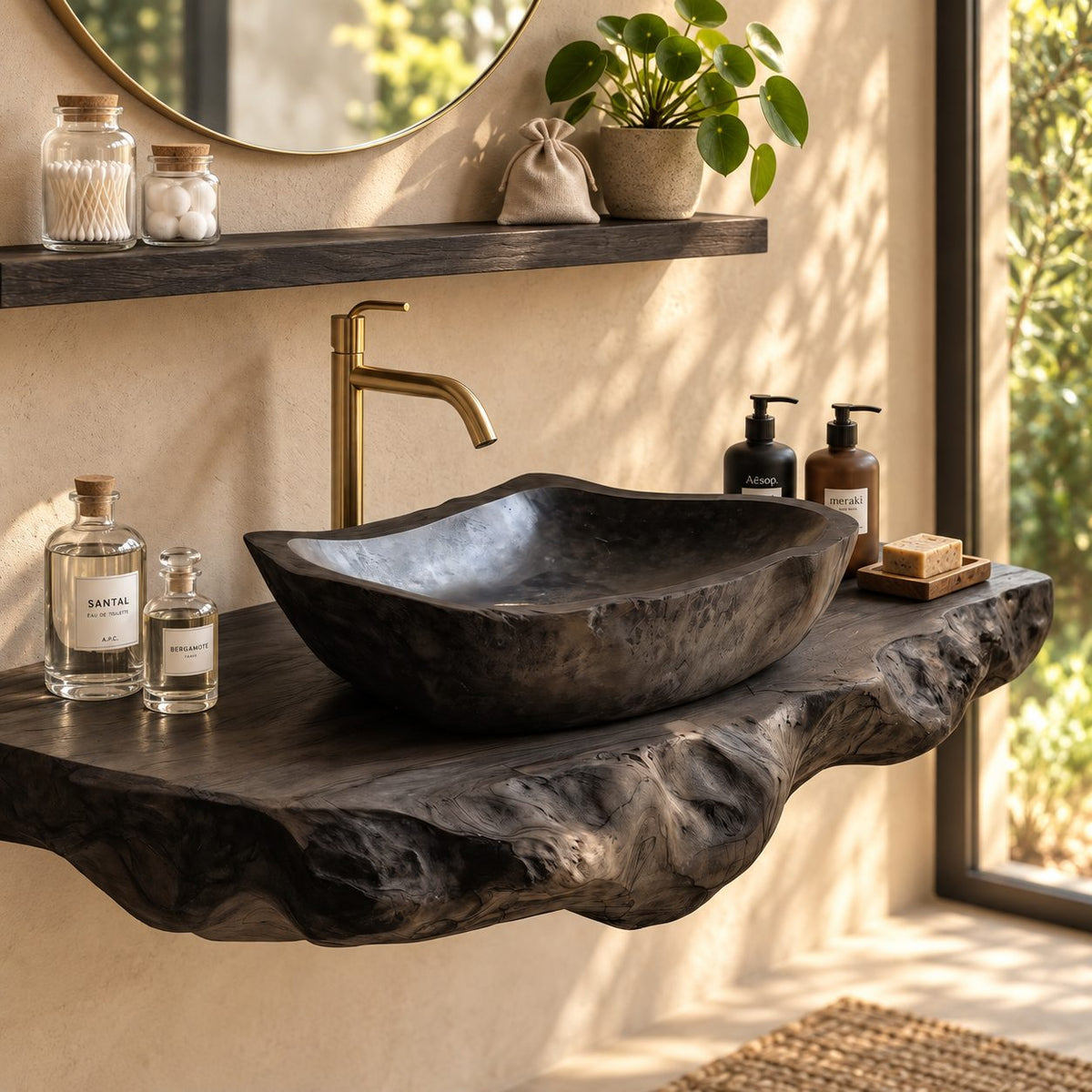 Tapered Rectangle Wooden Vessel Sink with Burl Grain Sides and Sealed Interior, Solid Wood Basin