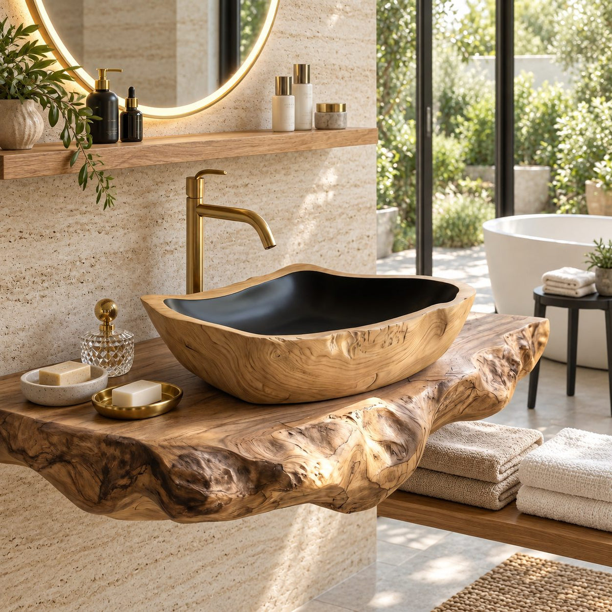 Tapered Rectangle Wooden Vessel Sink with Burl Grain Sides and Sealed Interior, Solid Wood Basin