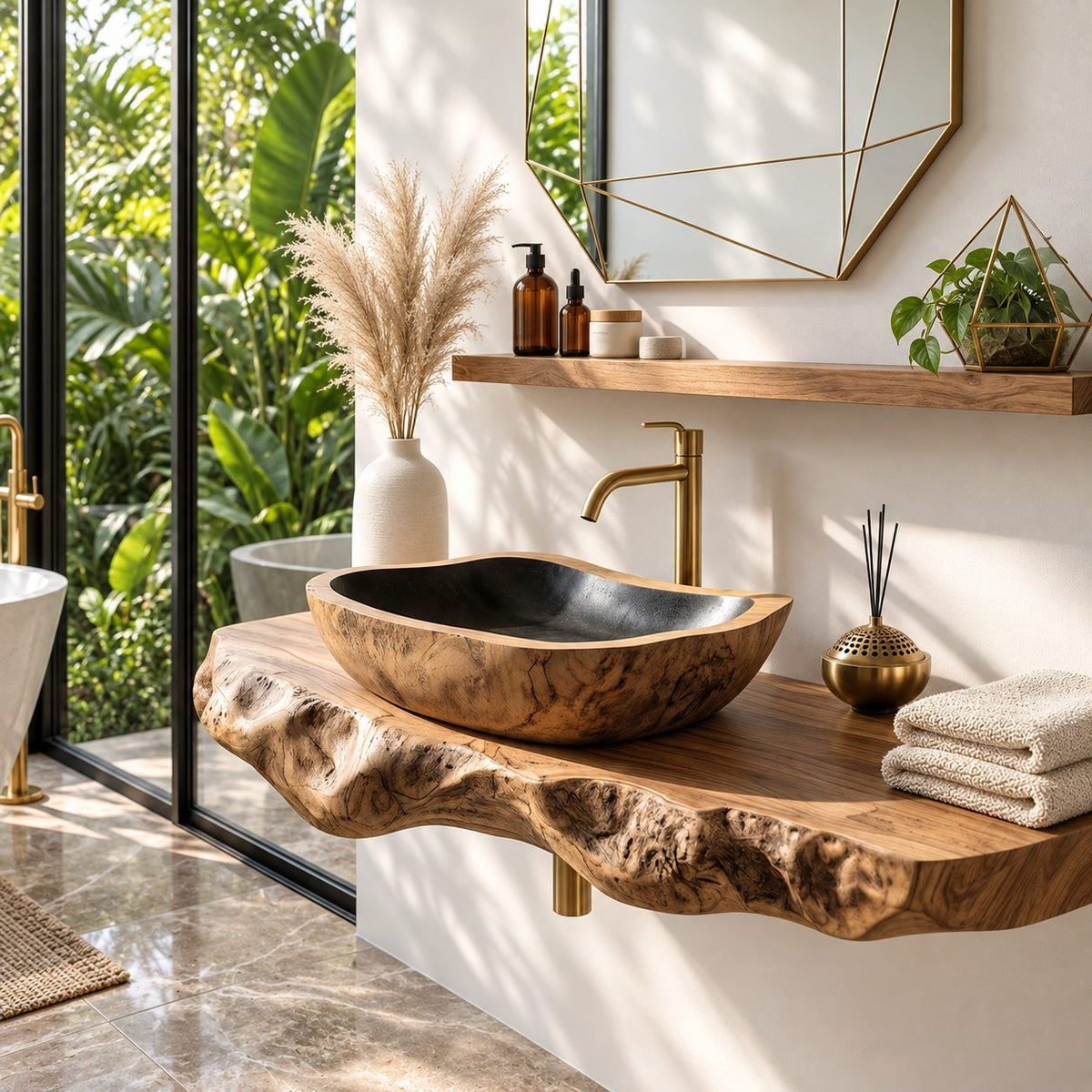 Tapered Rectangle Wooden Vessel Sink with Burl Grain Sides and Sealed Interior, Solid Wood Basin