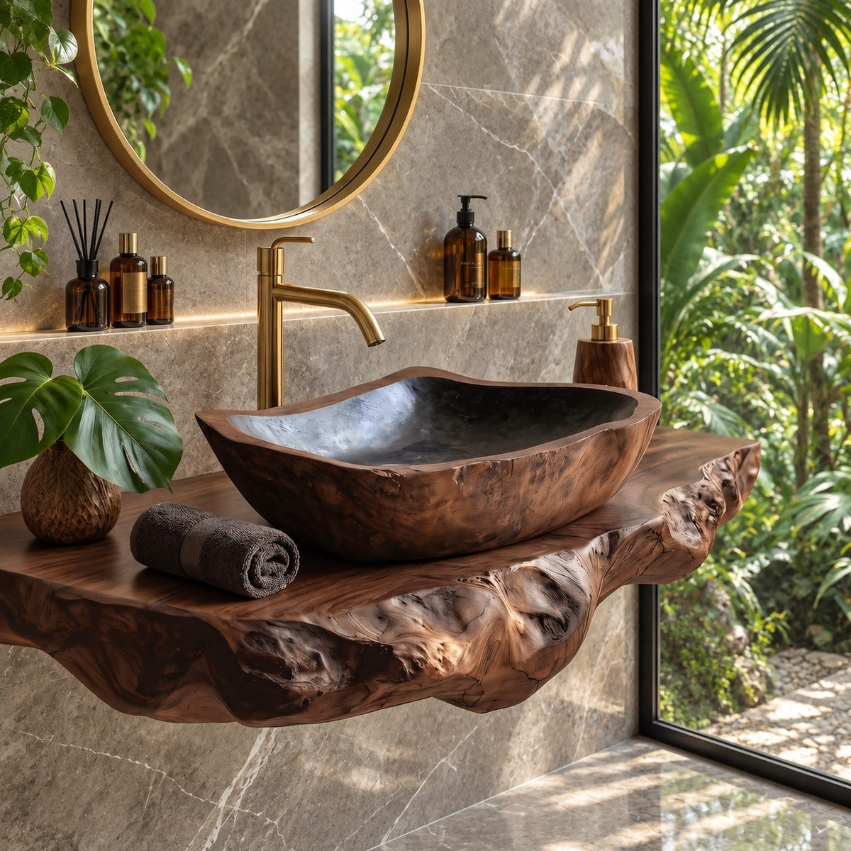 Tapered Rectangle Wooden Vessel Sink with Burl Grain Sides and Sealed Interior, Solid Wood Basin