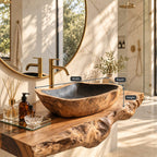 Tapered Rectangle Wooden Vessel Sink with Burl Grain Sides and Sealed Interior, Solid Wood Basin