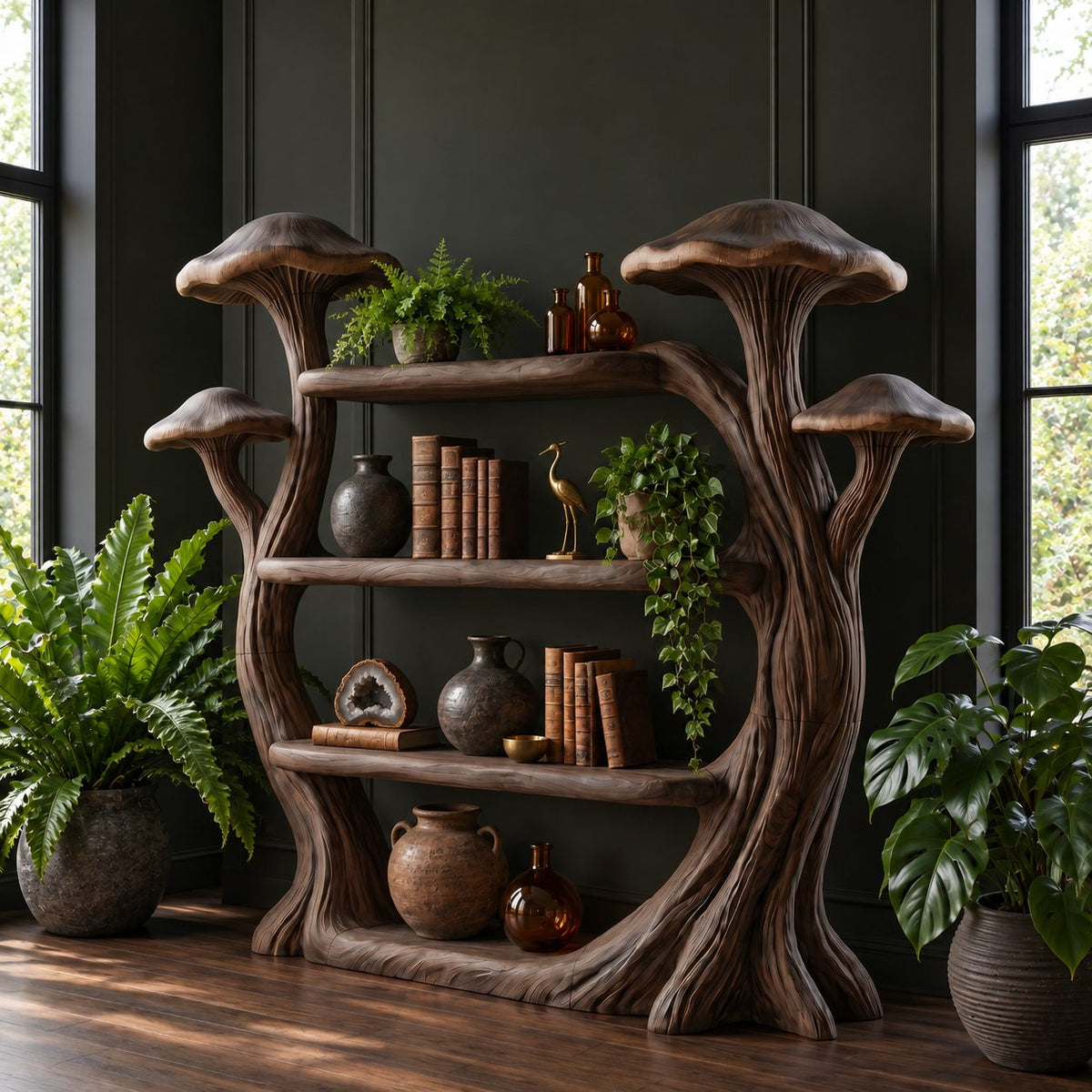 Mushroom Bookshelf with Carved Tree Trunks, Whimsical Solid Wood Bookcase for Reading Room