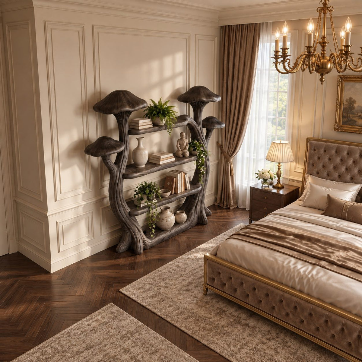 Mushroom Bookshelf with Carved Tree Trunks, Whimsical Solid Wood Bookcase for Reading Room
