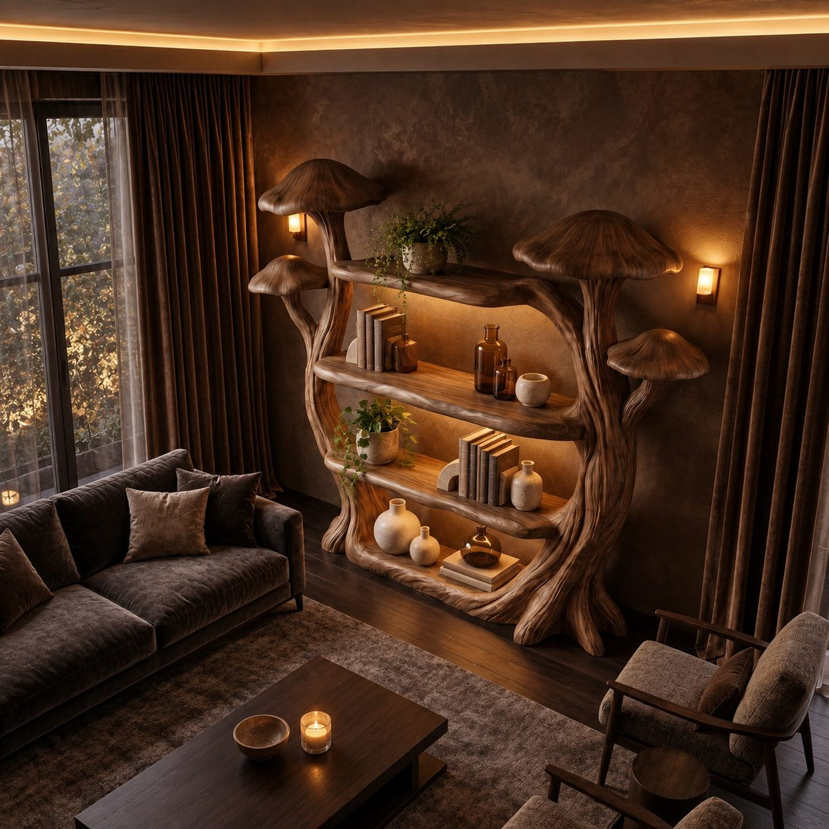 Mushroom Bookshelf with Carved Tree Trunks, Whimsical Solid Wood Bookcase for Reading Room